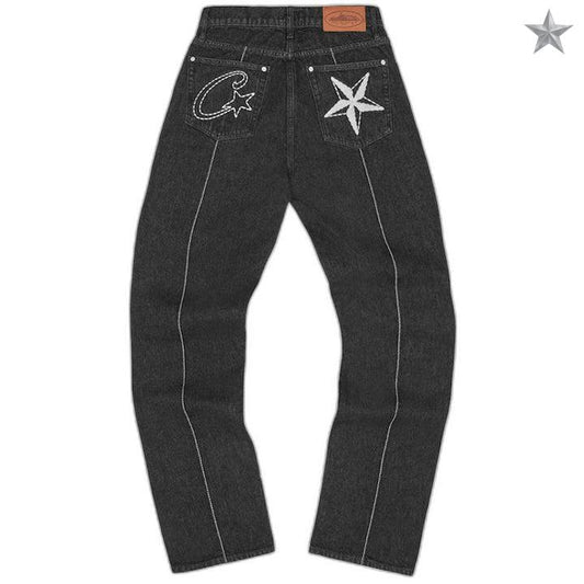 Corteiz C-Star Stitch-Down Denim Jeans - Black